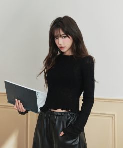 Niche Long Sleeve Knitted Top for Women in Alpaca Wool with Wood Ear Edge Design - Stylish Fashion Essential