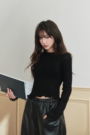 Niche Long Sleeve Knitted Top for Women in Alpaca Wool with Wood Ear Edge Design - Stylish Fashion Essential