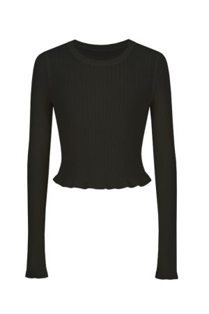 Niche Long Sleeve Knitted Top for Women in Alpaca Wool with Wood Ear Edge Design - Stylish Fashion Essential