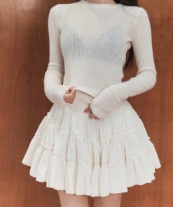 Niche Long Sleeve Knitted Top for Women in Alpaca Wool with Wood Ear Edge Design - Stylish Fashion Essential