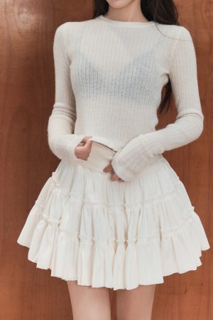Niche Long Sleeve Knitted Top for Women in Alpaca Wool with Wood Ear Edge Design - Stylish Fashion Essential