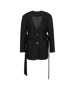 No-Collar Pleated Waist Wool Coat with Gold Buckle - Yuppie Style for Autumn & Winter Fashion