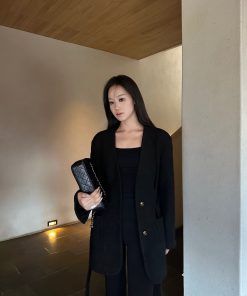 No-Collar Pleated Waist Wool Coat with Gold Buckle - Yuppie Style for Autumn & Winter Fashion