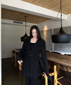 No-Collar Pleated Waist Wool Coat with Gold Buckle - Yuppie Style for Autumn & Winter Fashion