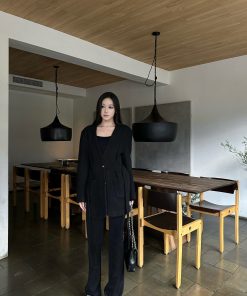 No-Collar Pleated Waist Wool Coat with Gold Buckle - Yuppie Style for Autumn & Winter Fashion