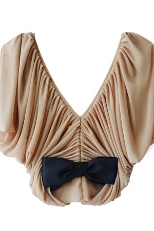 Noblewoman Style High-End Deep V Short Sleeve Top with Pleated Skirt - Women's Summer Elegant Fashion 90s Inspired Cocoa Dance Look