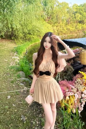 Noblewoman Style High-End Deep V Short Sleeve Top with Pleated Skirt - Women's Summer Elegant Fashion 90s Inspired Cocoa Dance Look