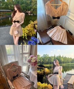 Noblewoman Style High-End Deep V Short Sleeve Top with Pleated Skirt - Women's Summer Elegant Fashion 90s Inspired Cocoa Dance Look