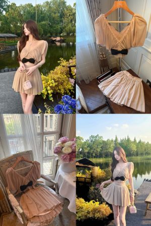 Noblewoman Style High-End Deep V Short Sleeve Top with Pleated Skirt - Women's Summer Elegant Fashion 90s Inspired Cocoa Dance Look