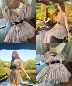Noblewoman Style High-End Deep V Short Sleeve Top with Pleated Skirt - Women's Summer Elegant Fashion 90s Inspired Cocoa Dance Look