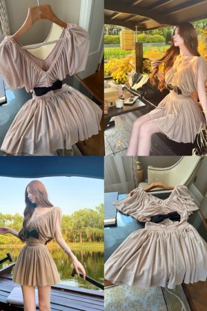 Noblewoman Style High-End Deep V Short Sleeve Top with Pleated Skirt - Women's Summer Elegant Fashion 90s Inspired Cocoa Dance Look