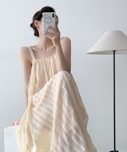 Nude Pink Spaghetti Strap Dress for Vacation, Off-Shoulder Long Skirt, Fairy Style for Beach Photo Shoots, Y2K Fashion