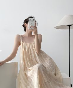 Nude Pink Spaghetti Strap Dress for Vacation, Off-Shoulder Long Skirt, Fairy Style for Beach Photo Shoots, Y2K Fashion