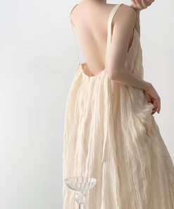 Nude Pink Spaghetti Strap Dress for Vacation, Off-Shoulder Long Skirt, Fairy Style for Beach Photo Shoots, Y2K Fashion