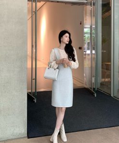 Ocean Blue Paintbrush High-Waisted Suspender Dress for Women – Waist-Defining, Slimming, Elegant Style, Perfect for 90s and Y2K Fashion