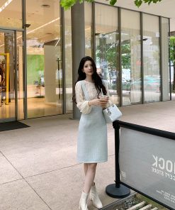 Ocean Blue Paintbrush High-Waisted Suspender Dress for Women â€“ Waist-Defining, Slimming, Elegant Style, Perfect for 90s and Y2K Fashion