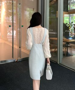 Ocean Blue Paintbrush High-Waisted Suspender Dress for Women – Waist-Defining, Slimming, Elegant Style, Perfect for 90s and Y2K Fashion