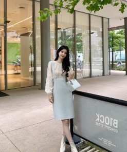 Ocean Blue Paintbrush High-Waisted Suspender Dress for Women â€“ Waist-Defining, Slimming, Elegant Style, Perfect for 90s and Y2K Fashion