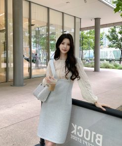 Ocean Blue Paintbrush High-Waisted Suspender Dress for Women – Waist-Defining, Slimming, Elegant Style, Perfect for 90s and Y2K Fashion