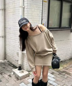 Off-Shoulder Asymmetrical Sweatshirt and One-Shoulder Skirt Casual Outfit with Long Pants - Trendy Y2K Style Ensemble