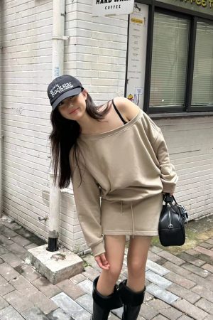 Off-Shoulder Asymmetrical Sweatshirt and One-Shoulder Skirt Casual Outfit with Long Pants - Trendy Y2K Style Ensemble