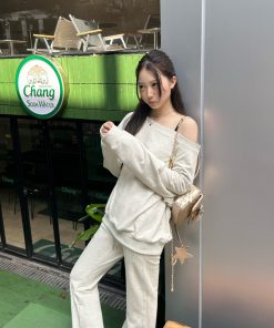 Off-Shoulder Asymmetrical Sweatshirt and One-Shoulder Skirt Casual Outfit with Long Pants - Trendy Y2K Style Ensemble