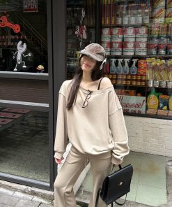 Off-Shoulder Asymmetrical Sweatshirt and One-Shoulder Skirt Casual Outfit with Long Pants - Trendy Y2K Style Ensemble