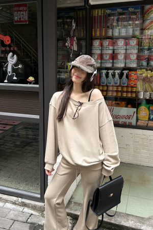 Off-Shoulder Asymmetrical Sweatshirt and One-Shoulder Skirt Casual Outfit with Long Pants - Trendy Y2K Style Ensemble