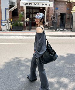 Off-Shoulder Asymmetrical Sweatshirt and One-Shoulder Skirt Casual Outfit with Long Pants - Trendy Y2K Style Ensemble