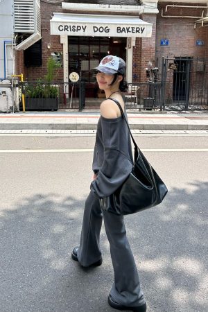 Off-Shoulder Asymmetrical Sweatshirt and One-Shoulder Skirt Casual Outfit with Long Pants - Trendy Y2K Style Ensemble