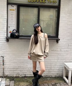 Off-Shoulder Asymmetrical Sweatshirt and One-Shoulder Skirt Casual Outfit with Long Pants - Trendy Y2K Style Ensemble