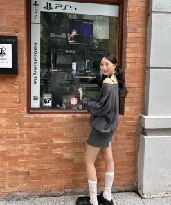 Off-Shoulder Asymmetrical Sweatshirt and One-Shoulder Skirt Casual Outfit with Long Pants - Trendy Y2K Style Ensemble