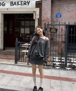 Off-Shoulder Asymmetrical Sweatshirt and One-Shoulder Skirt Casual Outfit with Long Pants - Trendy Y2K Style Ensemble