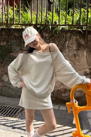 Off-Shoulder Asymmetrical Sweatshirt and One-Shoulder Skirt Casual Outfit with Long Pants - Trendy Y2K Style Ensemble