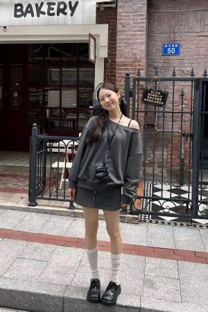 Off-Shoulder Asymmetrical Sweatshirt and One-Shoulder Skirt Casual Outfit with Long Pants - Trendy Y2K Style Ensemble