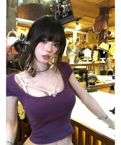 Off-Shoulder Backless Short Sleeve T-Shirt for Women - Slim Fit Summer Top in Red - Flattering Y2K Style