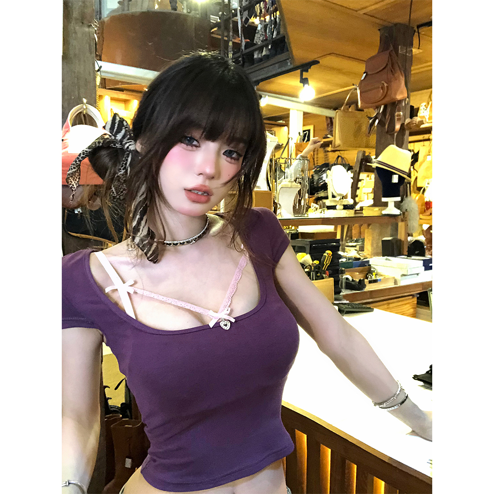 Off-Shoulder Backless Short Sleeve T-Shirt for Women - Slim Fit Summer Top in Red - Flattering Y2K Style Off-Shoulder Backless Short Sleeve T-Shirt for Women - Slim Fit Summer Top in Red - Flattering Y2K Style