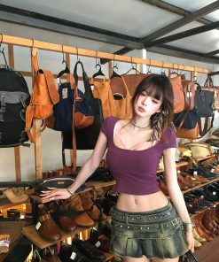 Off-Shoulder Backless Short Sleeve T-Shirt for Women - Slim Fit Summer Top in Red - Flattering Y2K Style