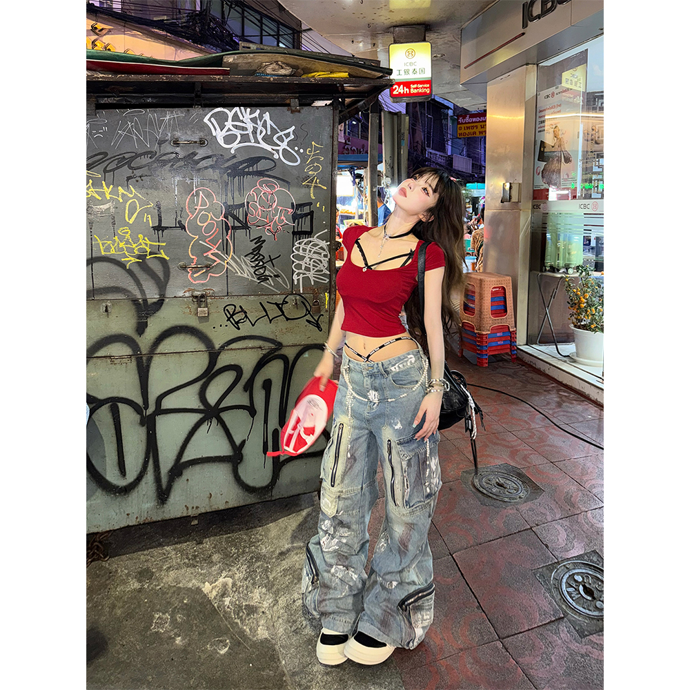 Off-Shoulder Backless Short Sleeve T-Shirt for Women - Slim Fit Summer Top in Red - Flattering Y2K Style Off-Shoulder Backless Short Sleeve T-Shirt for Women - Slim Fit Summer Top in Red - Flattering Y2K Style