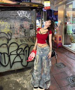 Off-Shoulder Backless Short Sleeve T-Shirt for Women - Slim Fit Summer Top in Red - Flattering Y2K Style