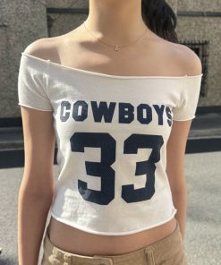 Off-Shoulder Cropped T-Shirt in Sports Jersey Style with Digital Print - Versatile European and American Fashion Top