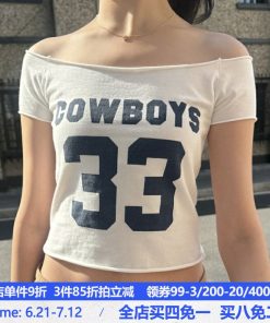 Off-Shoulder Cropped T-Shirt in Sports Jersey Style with Digital Print - Versatile European and American Fashion Top