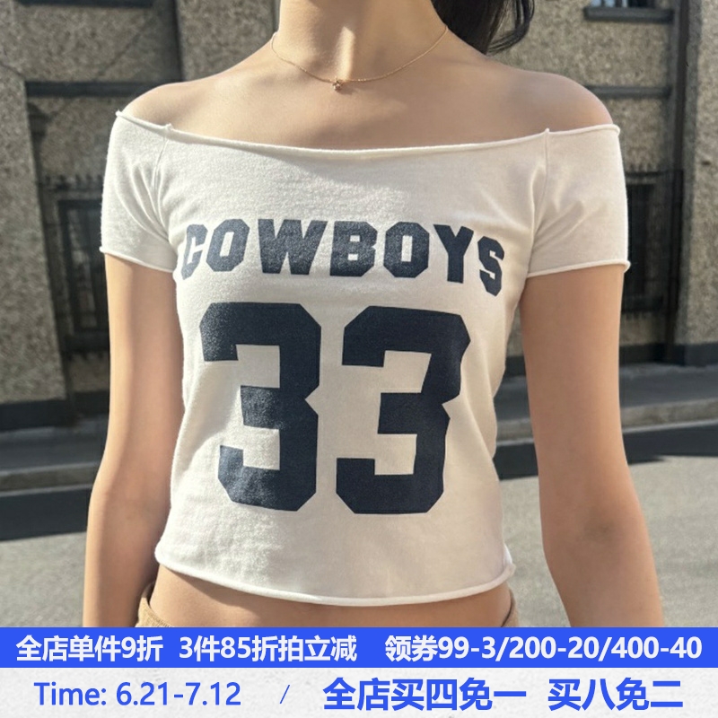 Off-Shoulder Cropped T-Shirt in Sports Jersey Style with Digital Print - Versatile European and American Fashion Top Off-Shoulder Cropped T-Shirt in Sports Jersey Style with Digital Print - Versatile European and American Fashion Top