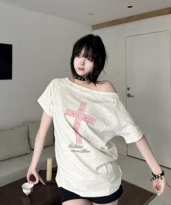 Off-Shoulder Crossbody Top for Women, Loose American Style Summer T-Shirt, Slim Fit Short Sleeve, Trendy Casual Wear