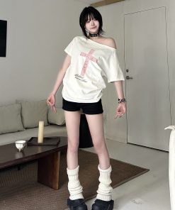 Off-Shoulder Crossbody Top for Women, Loose American Style Summer T-Shirt, Slim Fit Short Sleeve, Trendy Casual Wear