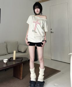 Off-Shoulder Crossbody Top for Women, Loose American Style Summer T-Shirt, Slim Fit Short Sleeve, Trendy Casual Wear