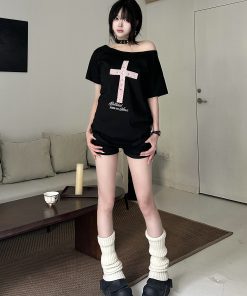 Off-Shoulder Crossbody Top for Women, Loose American Style Summer T-Shirt, Slim Fit Short Sleeve, Trendy Casual Wear