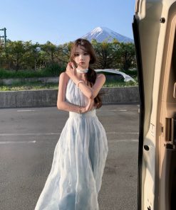 Off-Shoulder Halter Neck Dress with Fairy Waist Design, Flowy Long Skirt, French Style Summer Vacation Dress