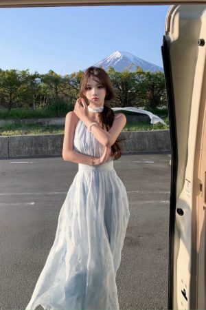 Off-Shoulder Halter Neck Dress with Fairy Waist Design, Flowy Long Skirt, French Style Summer Vacation Dress