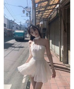 Off-Shoulder Halter Neck Dress with Fairy Waist Design, Flowy Long Skirt, French Style Summer Vacation Dress